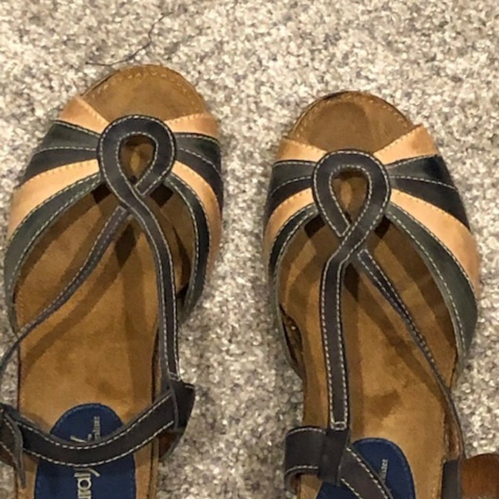navy  and beige wedge sandals